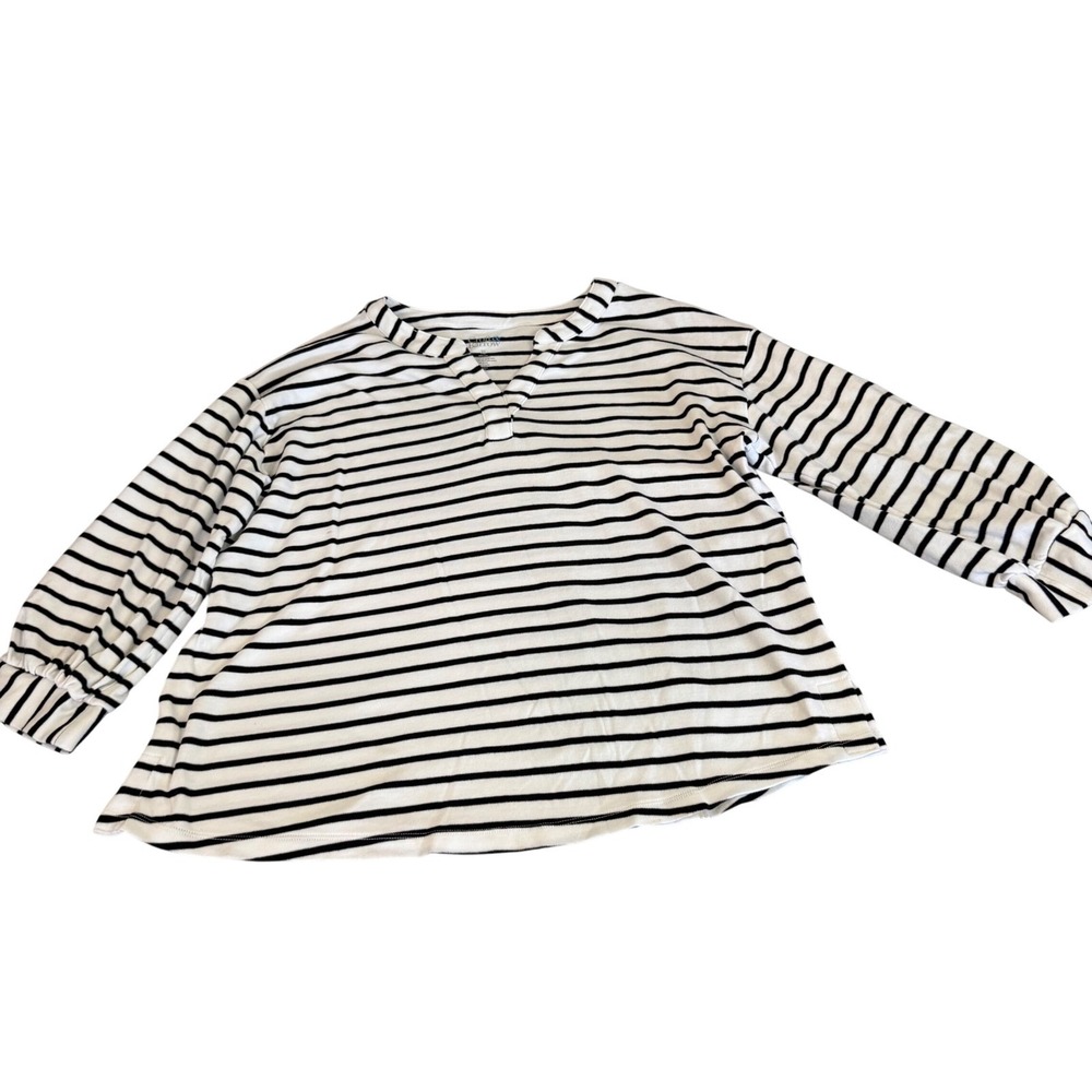 Croft & Barrow Womens XL Striped Long Sleeve Split V-Neck Cotton Top White Black
